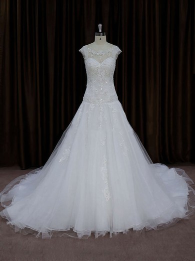 Chapel Train Tulle Appliques Lace Cap Straps Scoop Neck Ivory Wedding Dress #UKM00021664