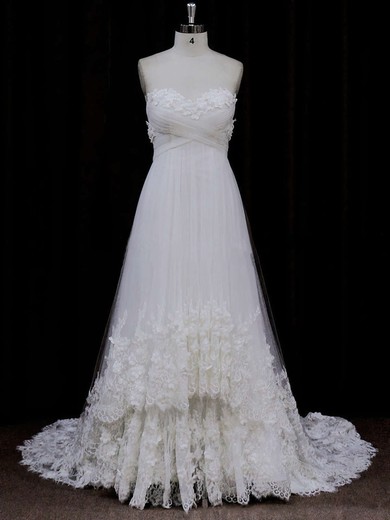 Popular Sweetheart Ivory Tulle Appliques Lace Empire Wedding Dress #UKM00021678