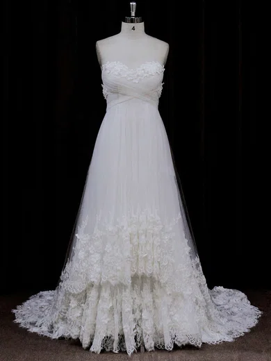 Ball Gown/Princess Sweetheart Tulle Court Train Wedding Dresses With Appliques Lace #UKM00021678