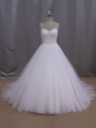 White Sweetheart Lace-up Tulle Beading Court Train Wedding Dress #UKM00021679