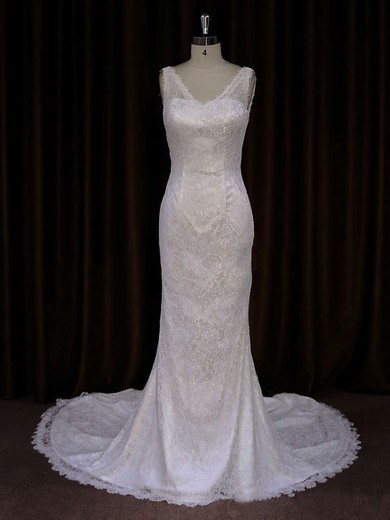Ivory V-neck Lace Buttons Trumpet/Mermaid Online Wedding Dresses #UKM00021688