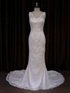 Trumpet/Mermaid V-neck Lace Chapel Train Wedding Dresses With Buttons #UKM00021688