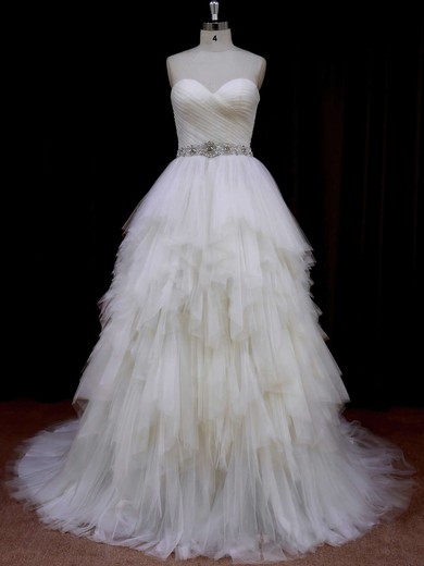 Sweetheart Ivory Modest Tulle Tiered Princess Wedding Dresses #UKM00021691