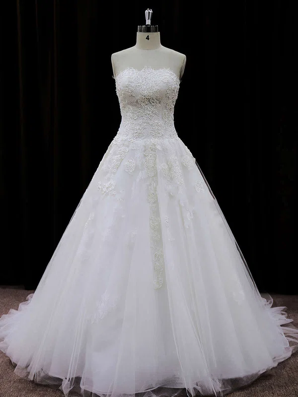Ball Gown Straight Tulle Court Train Wedding Dresses With Appliques Lace #UKM00021694