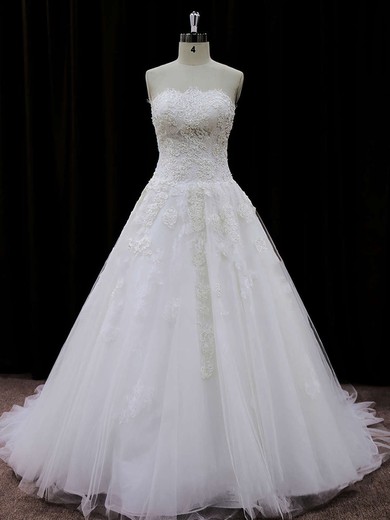 Court Train Ivory Tulle Appliques Lace Beautiful Strapless Wedding Dresses #UKM00021694