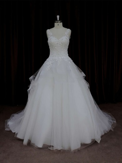 Ball Gown Ivory Lace-up Tulle Appliques Lace V-neck Wedding Dresses #UKM00021695