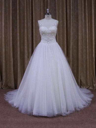 Ball Gown V-neck Tulle Court Train Wedding Dresses With Beading #UKM00021699