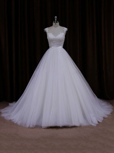 Ball Gown Ivory Tulle Appliques Lace Open Back Cathedral Train Wedding Dresses #UKM00021704