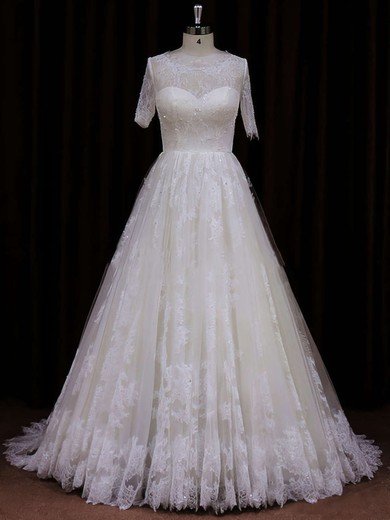 Ivory Short Sleeve Court Train Lace Sequins Scoop Neck Wedding Dress #UKM00021782