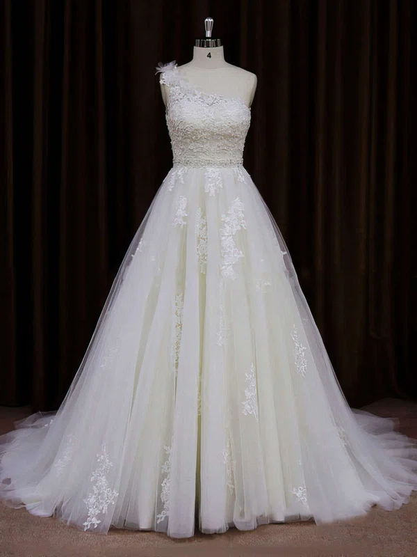 Ball Gown One Shoulder Tulle Court Train Wedding Dresses With Appliques Lace #UKM00021784