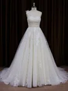 Ball Gown One Shoulder Tulle Court Train Wedding Dresses With Appliques Lace #UKM00021784