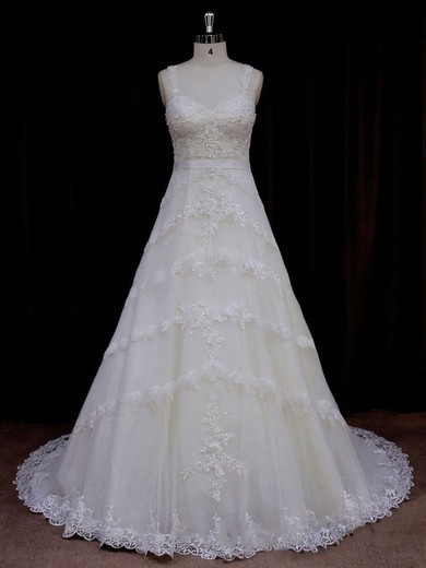 Sweetheart Ivory Tulle Appliques Lace Court Train Unique Wedding Dress #UKM00021796