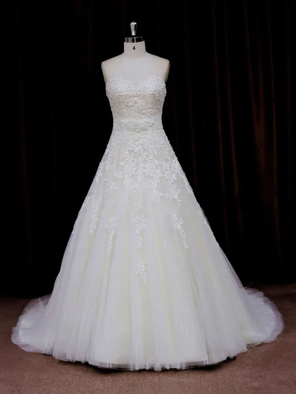 Ball Gown Sweetheart Tulle Court Train Wedding Dresses With Appliques Lace #UKM00021797