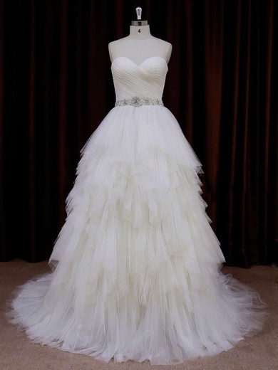 Elegant Sweetheart Tiered Ivory Tulle Court Train Wedding Dress #UKM00021799