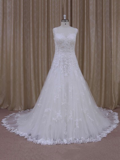 Ivory Court Train Tulle with Appliques Lace Modest Sweetheart Wedding Dress #UKM00021805
