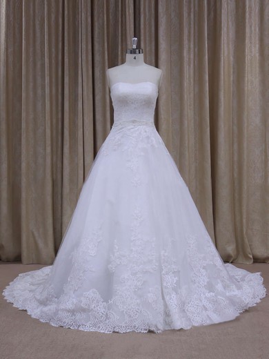 Discount Chapel Train White Tulle Appliques Lace Strapless Wedding Dress #UKM00021808