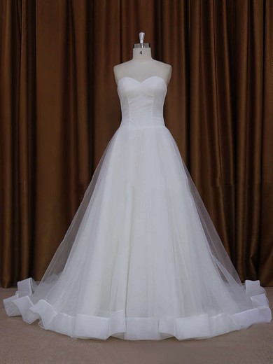 Ball Gown Ivory Tulle Appliques Lace Chapel Train Wedding Dress #UKM00021813