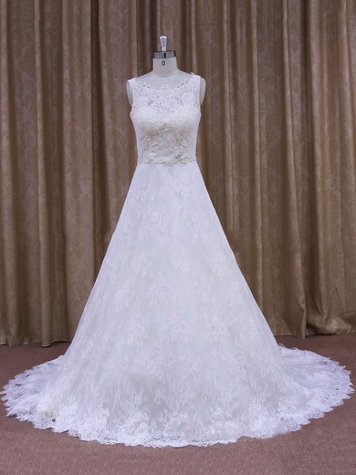 Best Scoop Neck Appliques Lace Court Train White Lace Wedding Dress #UKM00021828