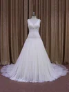 Ball Gown V-neck Tulle Chapel Train Wedding Dresses With Beading #UKM00021831