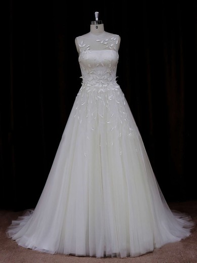 Elegant Princess Appliques Lace Ivory Tulle Scoop Neck Wedding Dresses #UKM00021834