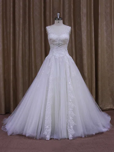 Ball Gown/Princess V-neck Tulle Chapel Train Wedding Dresses With Beading #UKM00021860