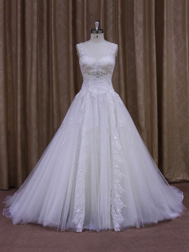 Fashionable Chapel Train Appliques Lace White Tulle V-neck Wedding Dress #UKM00021860