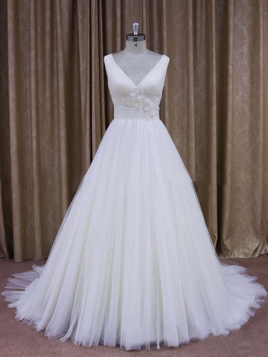 Affordable Court Train Tulle with Flower(s) Ivory V-neck Wedding Dresses #UKM00021868