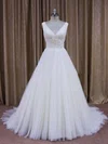 Ball Gown V-neck Tulle Court Train Wedding Dresses With Flower(s) #UKM00021868