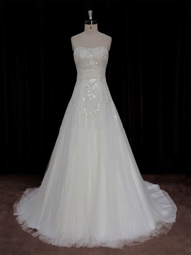 A-line Crystal Detailing Ivory Lace Tulle Court Train Beautiful Wedding Dress #UKM00022006