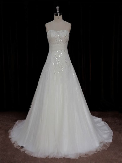 A-line Crystal Detailing Ivory Lace Tulle Court Train Beautiful Wedding Dress #UKM00022006