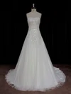 A-line Straight Tulle Sweep Train Wedding Dresses With Appliques Lace #UKM00022006