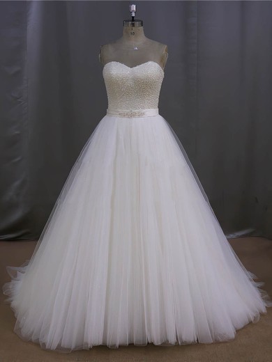 Ivory Tulle Sweetheart Pearl Detailing Lace-up Sweep Train Wedding Dress #UKM00022026