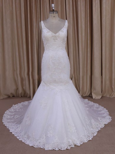 Trumpet/Mermaid Appliques Lace Ivory Tulle V-neck New Arrival Wedding Dress #UKM00022030