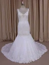 Trumpet/Mermaid V-neck Tulle Sweep Train Wedding Dresses With Appliques Lace #UKM00022030