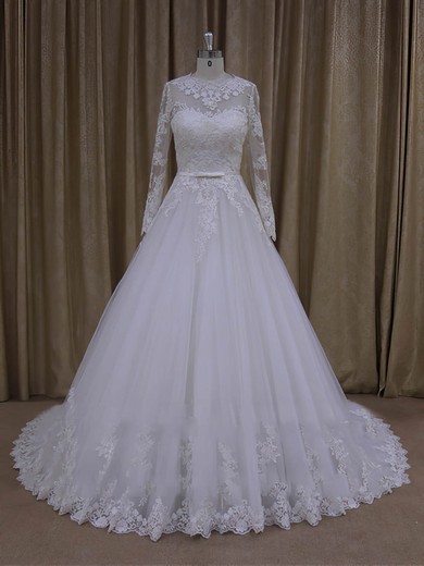 Chapel Train Scoop Neck Tulle Appliques Lace Ivory Long Sleeve Wedding Dresses #UKM00022050