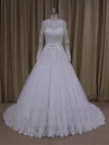 Ball Gown Illusion Tulle Chapel Train Wedding Dresses With Sashes / Ribbons #UKM00022050