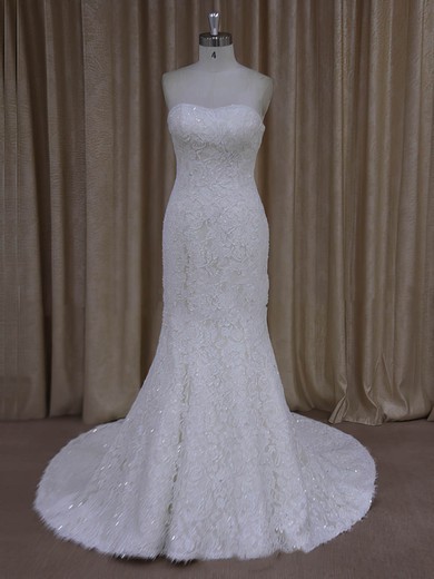 Trumpet/Mermaid Strapless Ivory Lace Beading Modern Wedding Dresses #UKM00022055