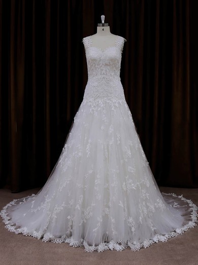 Online Sweetheart Tulle Appliques Lace Court Train Ivory Wedding Dresses #UKM00022057