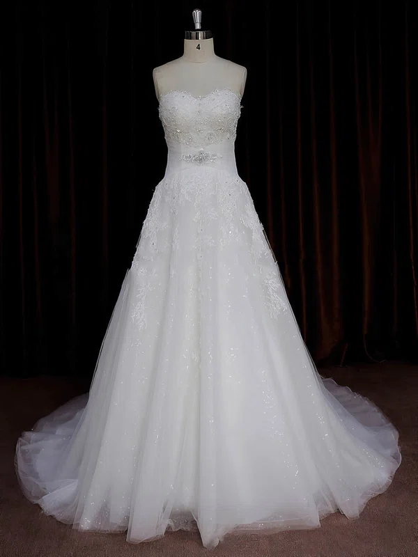 Ball Gown Sweetheart Tulle Court Train Wedding Dresses With Appliques Lace #UKM00022059