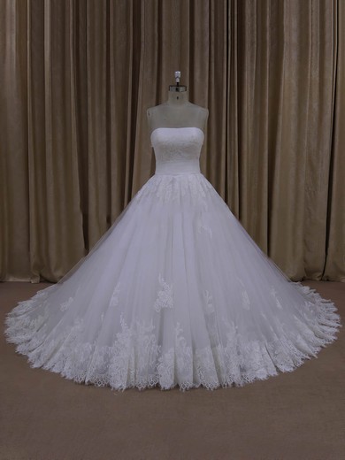 Discount Ball Gown Tulle Appliques Lace Ivory Strapless Wedding Dresses #UKM00022062