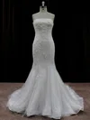 Trumpet/Mermaid Straight Tulle Court Train Wedding Dresses With Appliques Lace #UKM00022074