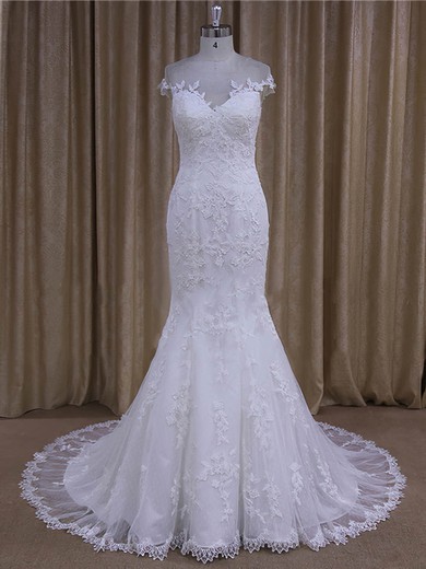 Trendy Scoop Neck Tulle Appliques Lace Trumpet/Mermaid White Wedding Dresses #UKM00022080