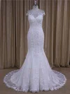 Trumpet/Mermaid Illusion Tulle Court Train Wedding Dresses With Appliques Lace #UKM00022080