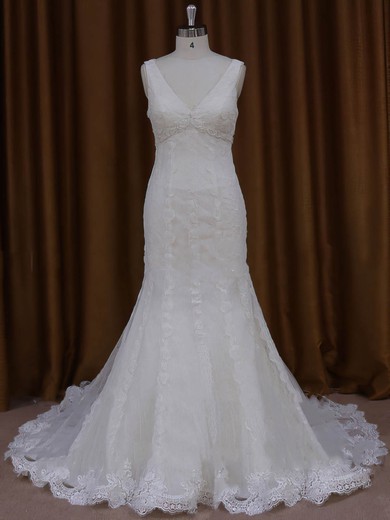 Trumpet/Mermaid V-neck Graceful Tulle Appliques Lace Ivory Wedding Dresses #UKM00022084