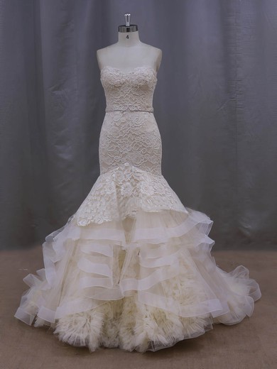 Champagne Court Train Tiered Lace Tulle Trumpet/Mermaid Classic Wedding Dresses #UKM00022086