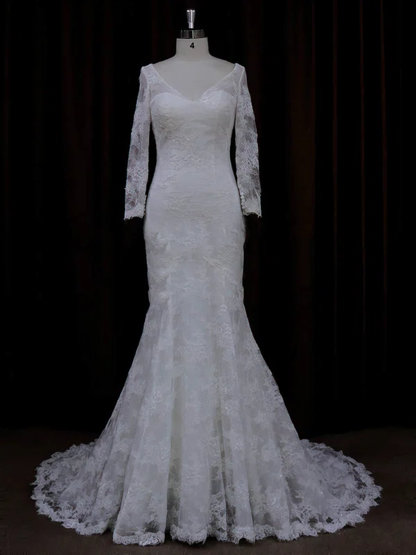 Trumpet/Mermaid V-neck Lace Court Train Wedding Dresses With Sequins #UKM00022089