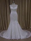 Trumpet/Mermaid V-neck Tulle Court Train Wedding Dresses With Appliques Lace #UKM00022092