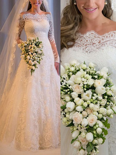 Ball Gown Off-the-shoulder Tulle Sweep Train Wedding Dresses With Appliques Lace #UKM00022499