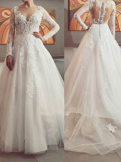 Ball Gown/Princess V-neck Tulle Sweep Train Wedding Dresses With Appliques Lace #UKM00022500