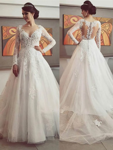 Elegant Princess V-neck Tulle with Appliques Lace Long Sleeve Wedding Dresses #UKM00022500